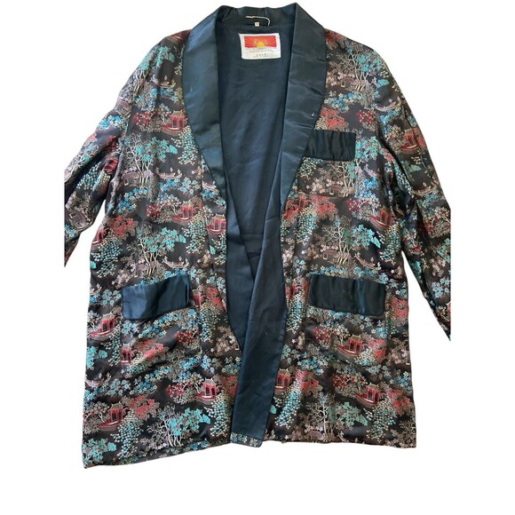 Oriental Other - Vintage Oriental Smoking Jacket Robe Sz 52 Satin Asian Dragon Temple Print